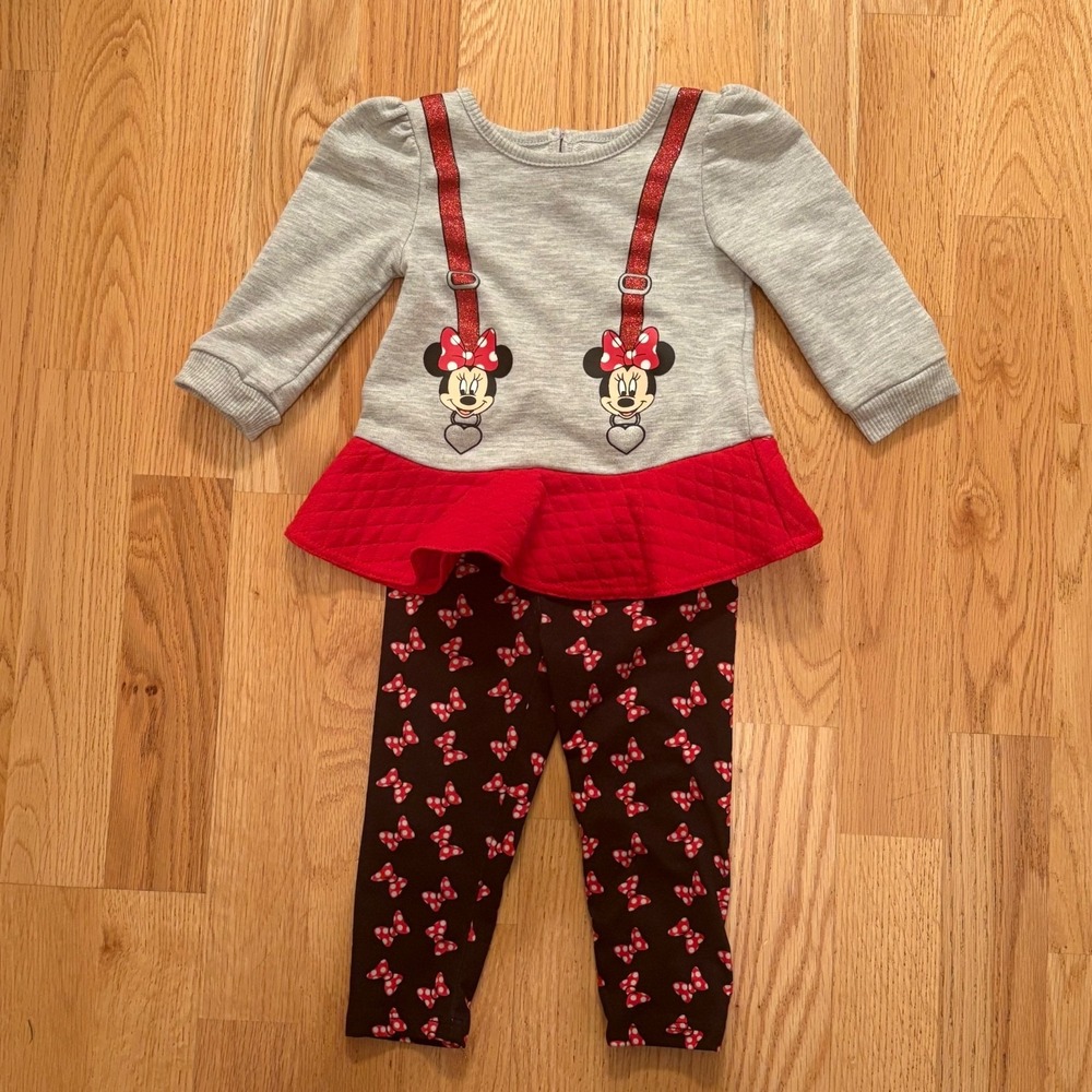 Disney Baby Minnie Mouse 2-Piece Outfit Size 18M Gray & Red Peplum Top + Bow EUC